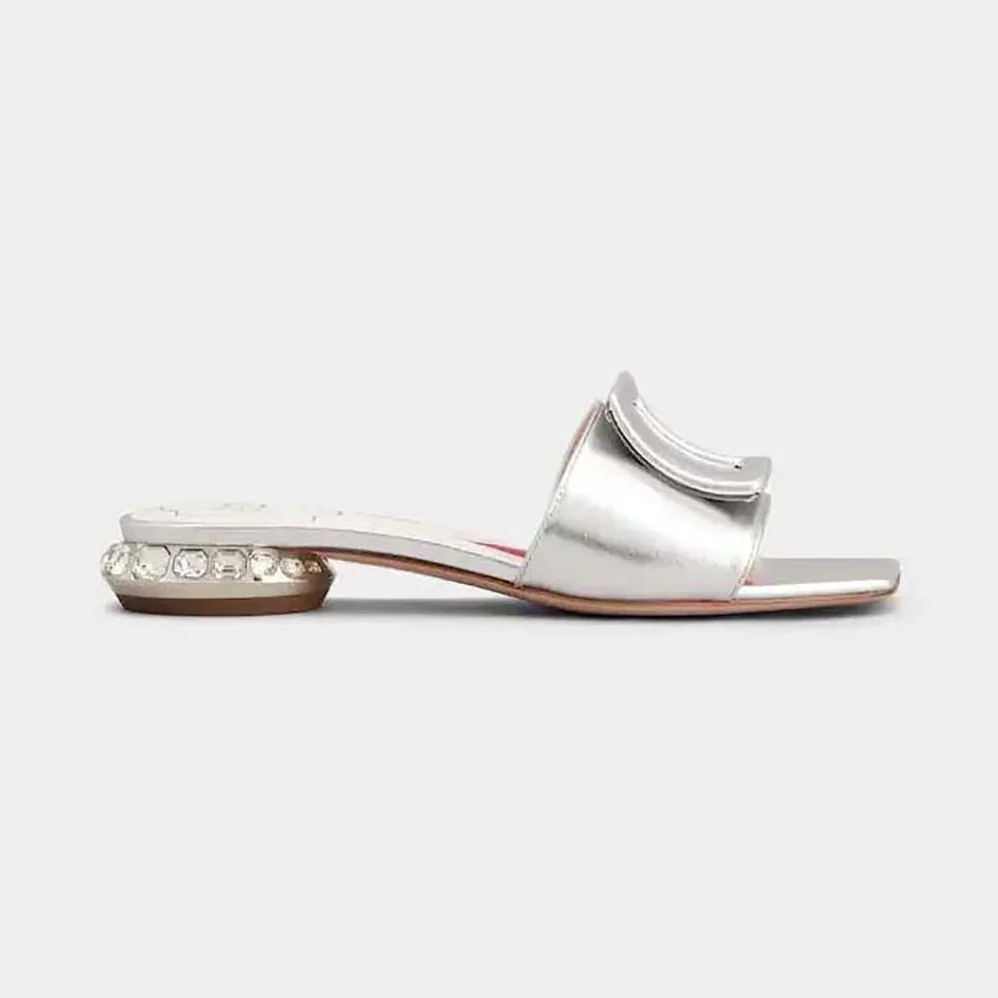 Roger Vivier Strass Heel Covered Buckle Mules in Satin for Women in Silver