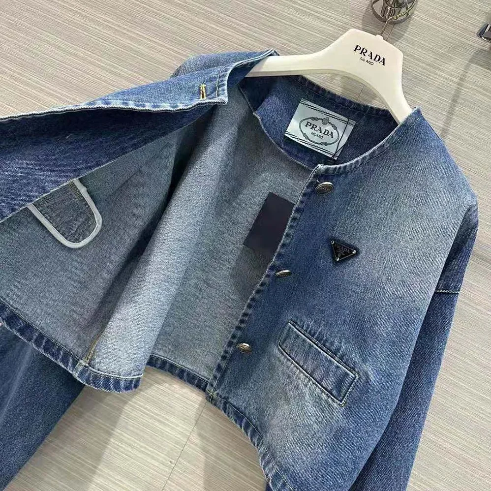 Prada Denim Blouson Jacket with Enameled Metal Triangle Logo for Women