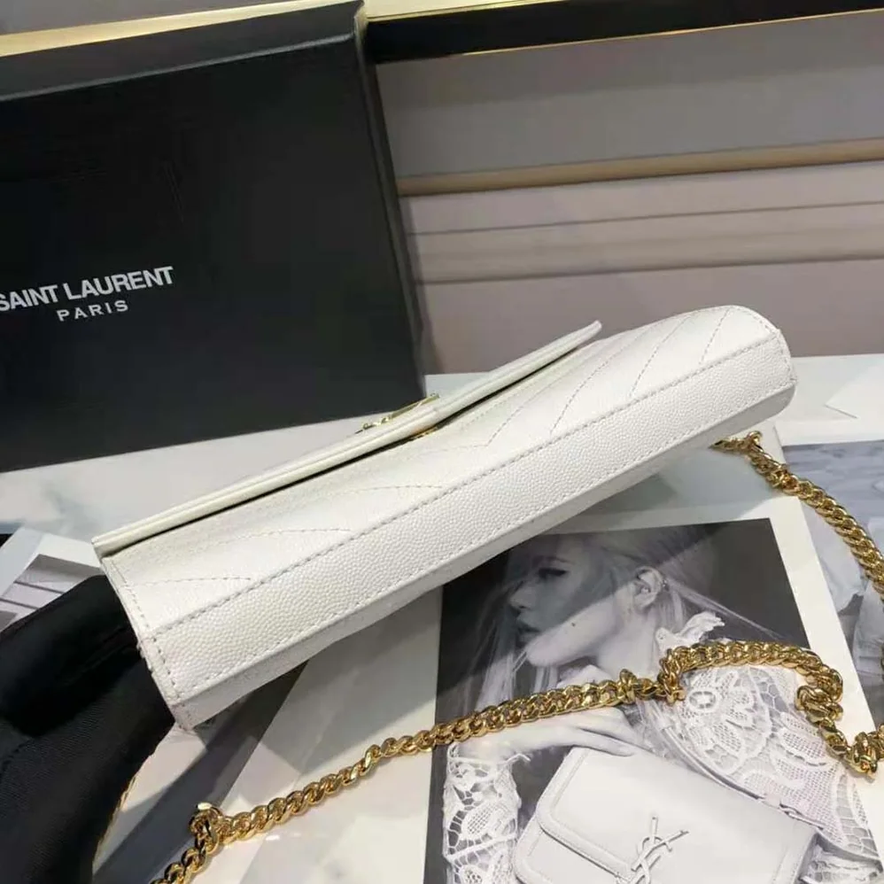 Saint Laurent YSL Monogram Chain Wallet in Grain De Poudre Embossed Leather for Women in White
