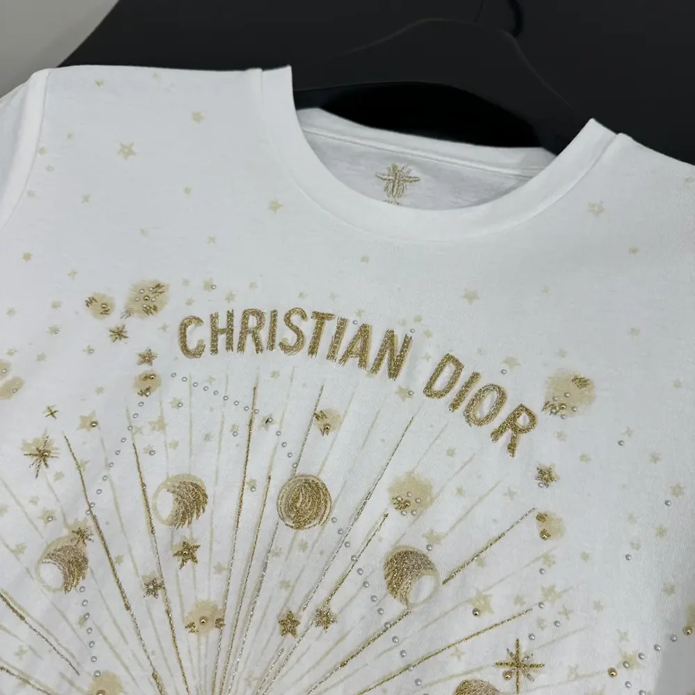 Dior Embroidered T-Shirt White Cotton Jersey with Gold for Women in Tone Dior Astral Motif