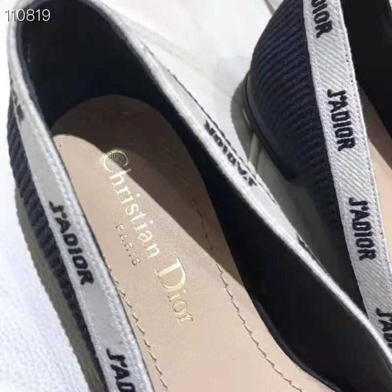 Dior J'adior Embroidered Ballet Flat Technical Canvas Embroidered Ribbon for Women in Black