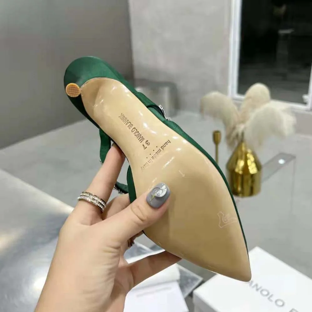Manolo Blahnik Green Satin Crystal Embellished Mules for Women Manolo Blahnik Green Satin Crystal Embellished Mules for Women