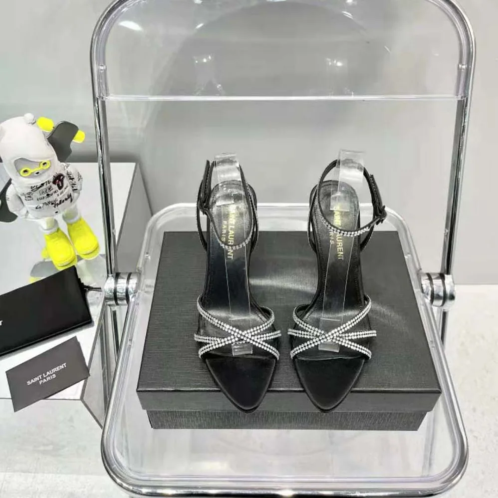 Saint Laurent YSL Ava Sandals in Crepe Satin with Rhinestones for Women