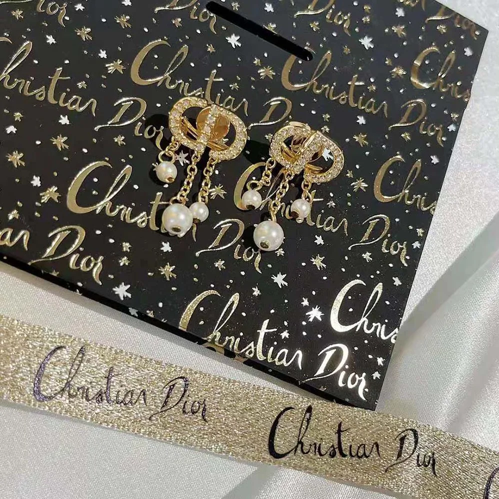 Dior Petit CD Earrings Gold-Finish Metal with White Resin Pearls and White Crystals for Women Dior Petit CD Earrings Gold-Finish Metal with White Resin Pearls and White Crystals for Women