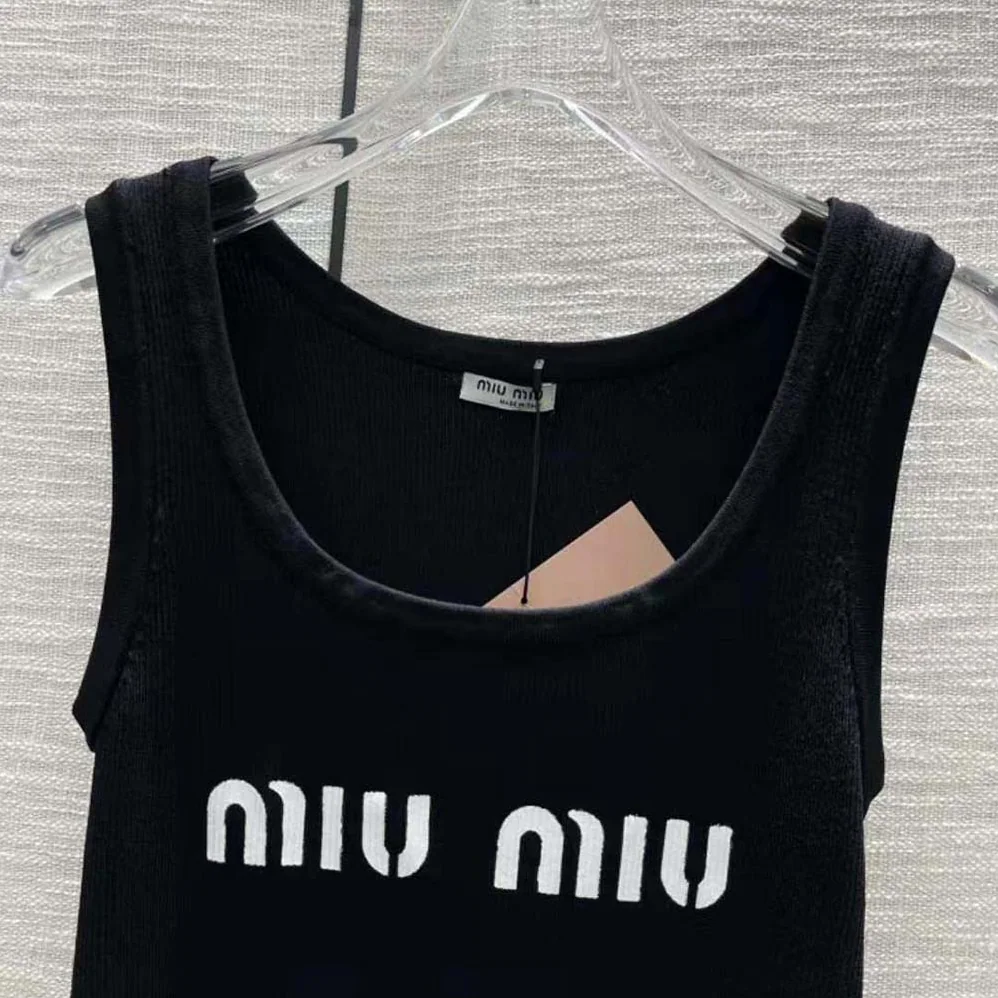 Miu Miu Viscose Tank Top with Intarsia Logo for Women in Black Miu Miu Viscose Tank Top with Intarsia Logo for Women in Black