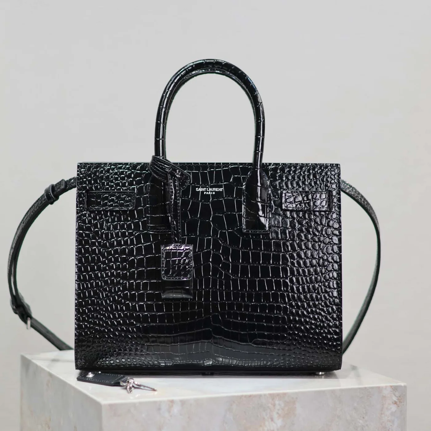 Saint Laurent YSL Sac De Jour in Embossed Crocodile Leather Baby for Women in Black