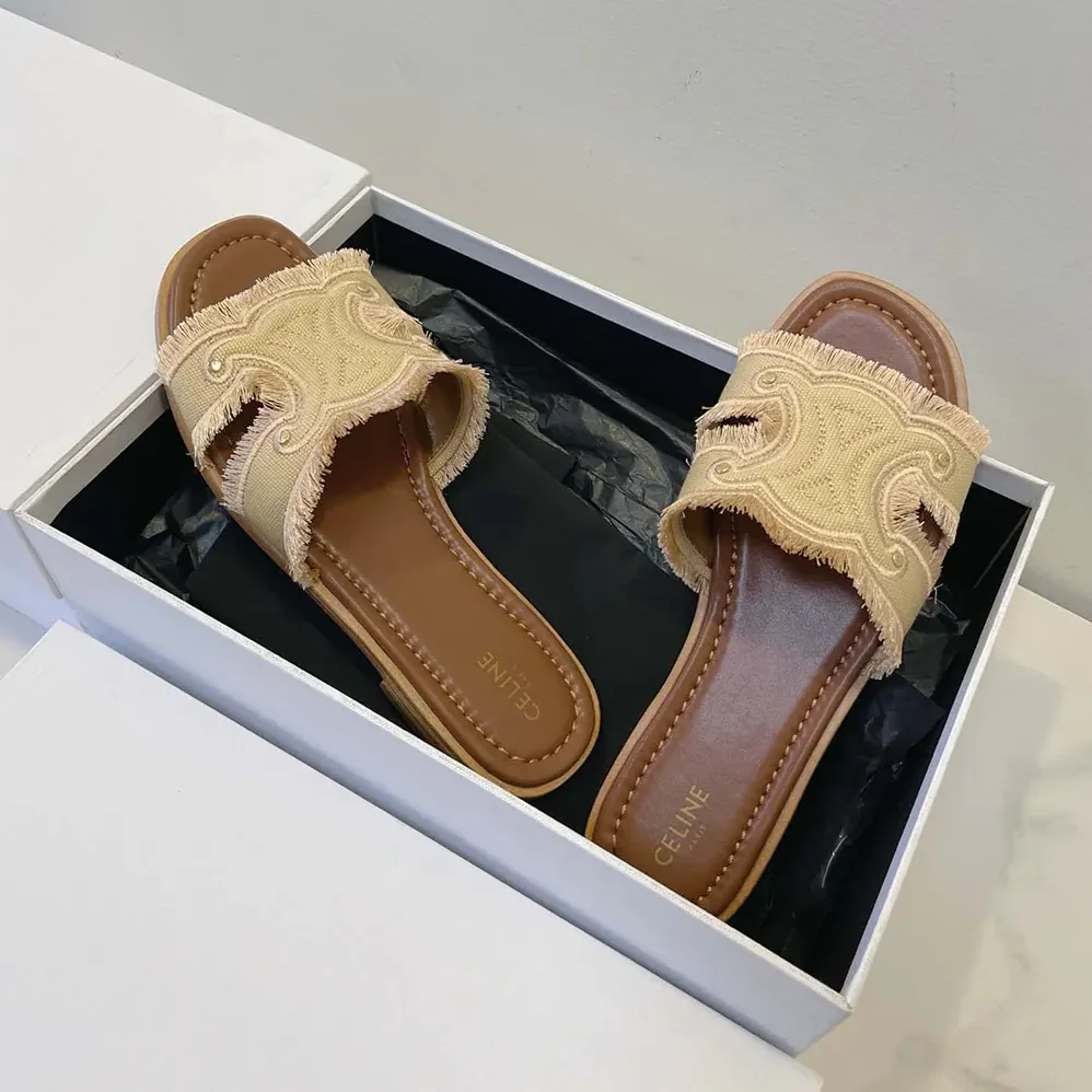Celine Marina Fringed Mule in Cotton for Women in Beige