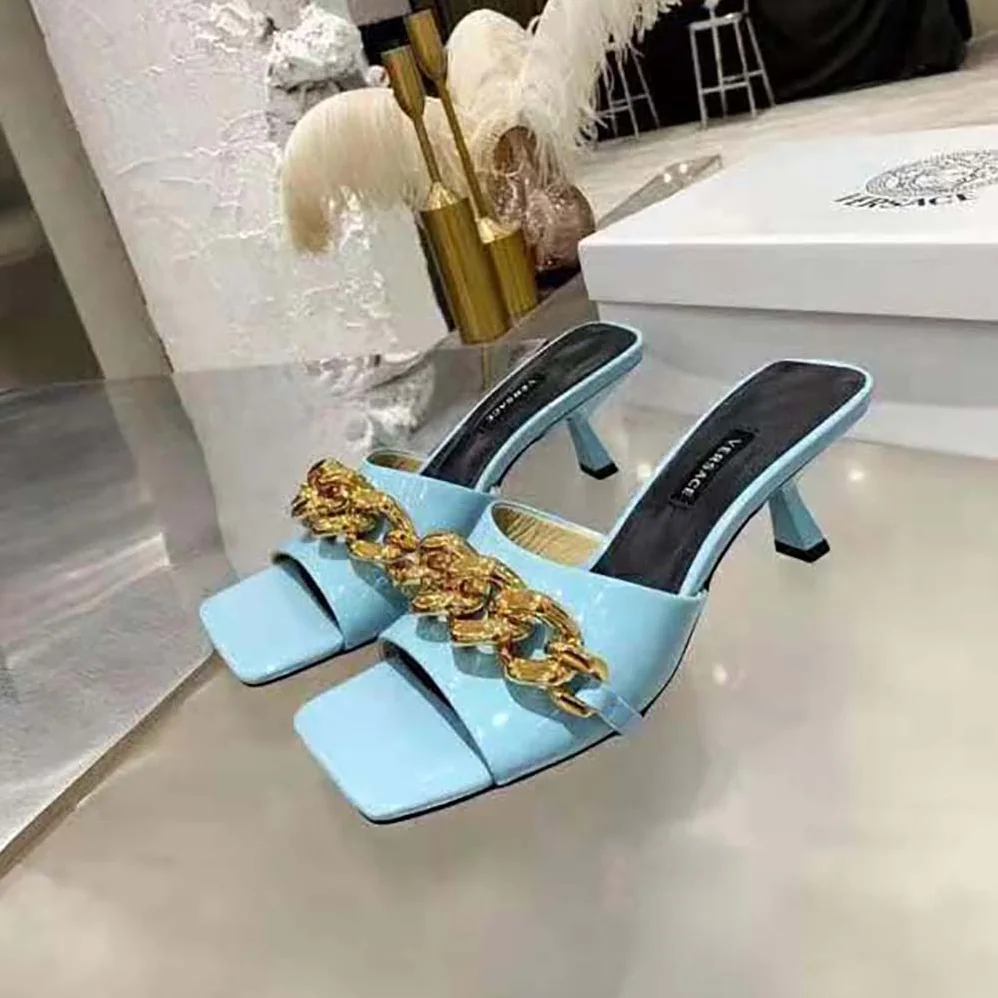 Versace Medusa Chain Mid-heel Naplak Mules for Women in Blue