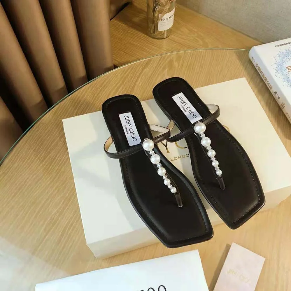 Jimmy Choo Alaina Flat Black Nappa Leather Flats with Pearl Embellishment for Women Jimmy Choo Alaina Flat Black Nappa Leather Flats with Pearl Embellishment for Women