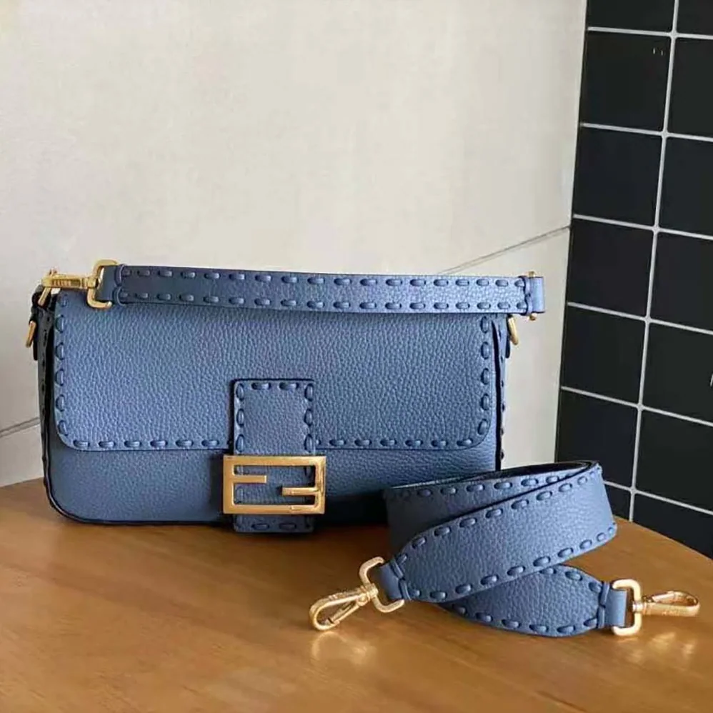 Fendi Baguette Blue Selleria Bag with Oversized Topstitching for Women