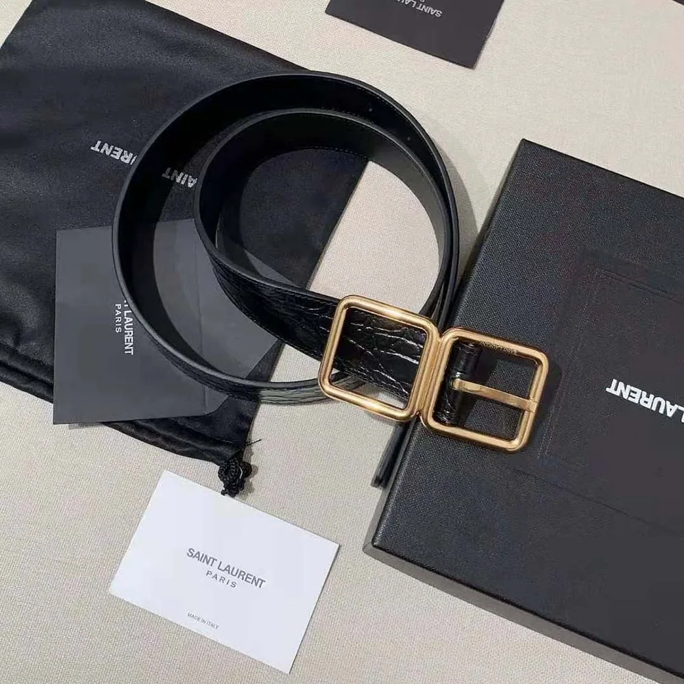 Saint Laurent YSL Double Buckle Belt in Crocodile for Women in embossed Leather