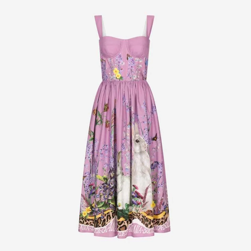 Dolce Gabbana D&G Calf-Length Bustier Dress in Rabbit for Women in Print Poplin Dolce Gabbana D&G Calf-Length Bustier Dress in Rabbit for Women in Print Poplin