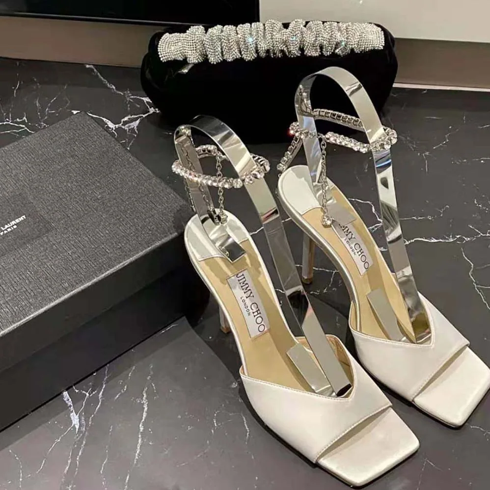 Jimmy Choo Saeda Sandal 100 Ivory Satin Sandals with Crystal Embellishment for Women Jimmy Choo Saeda Sandal 100 Ivory Satin Sandals with Crystal Embellishment for Women