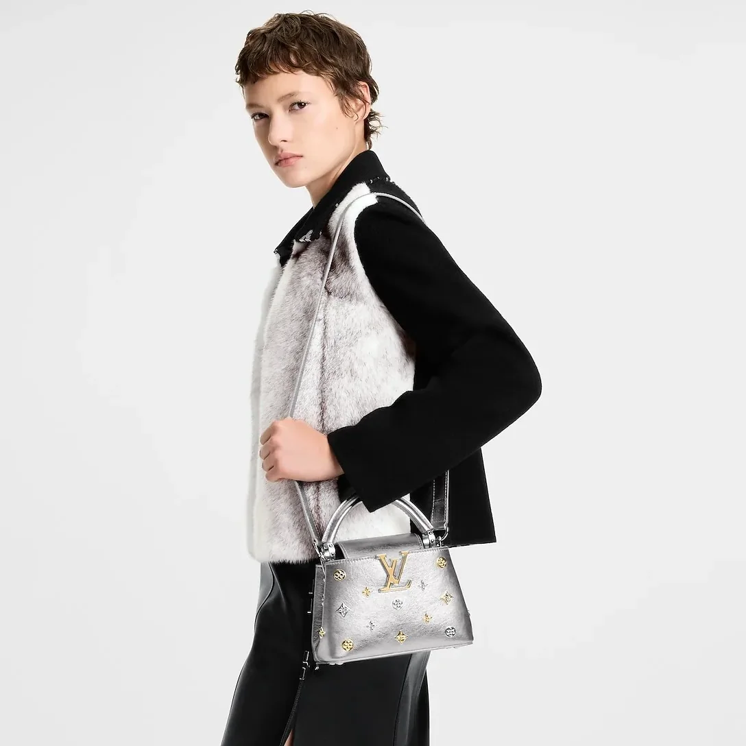 Louis Vuitton Capucines Mini Top Handle Bag / Silver Metallic Silver in Gold Hardware