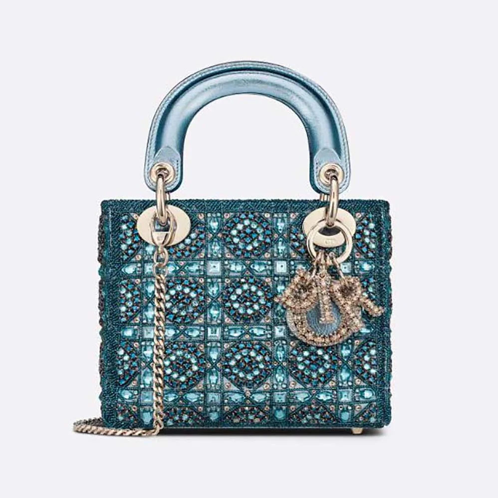 Dior Small Lady Dior Bag Metallic Calfskin and Satin with Celestial Blue Bead Embroidery for Women