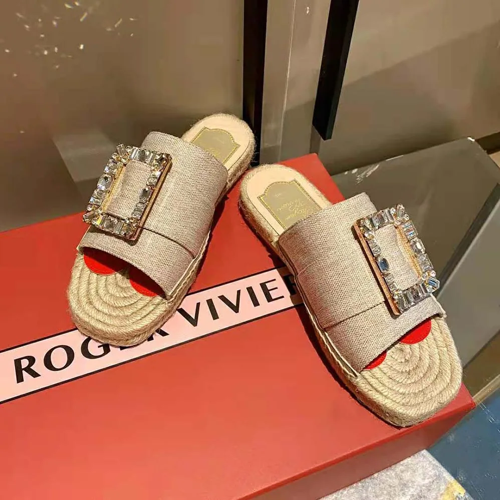 Roger Vivier Strass Buckle Espadrille Mules in Fabrics