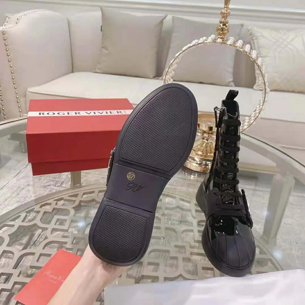 Roger Vivier Viv Skate Lace Up Strass Buckle Booties in Leather for Women in Black Roger Vivier Viv Skate Lace Up Strass Buckle Booties in Leather for Women in Black