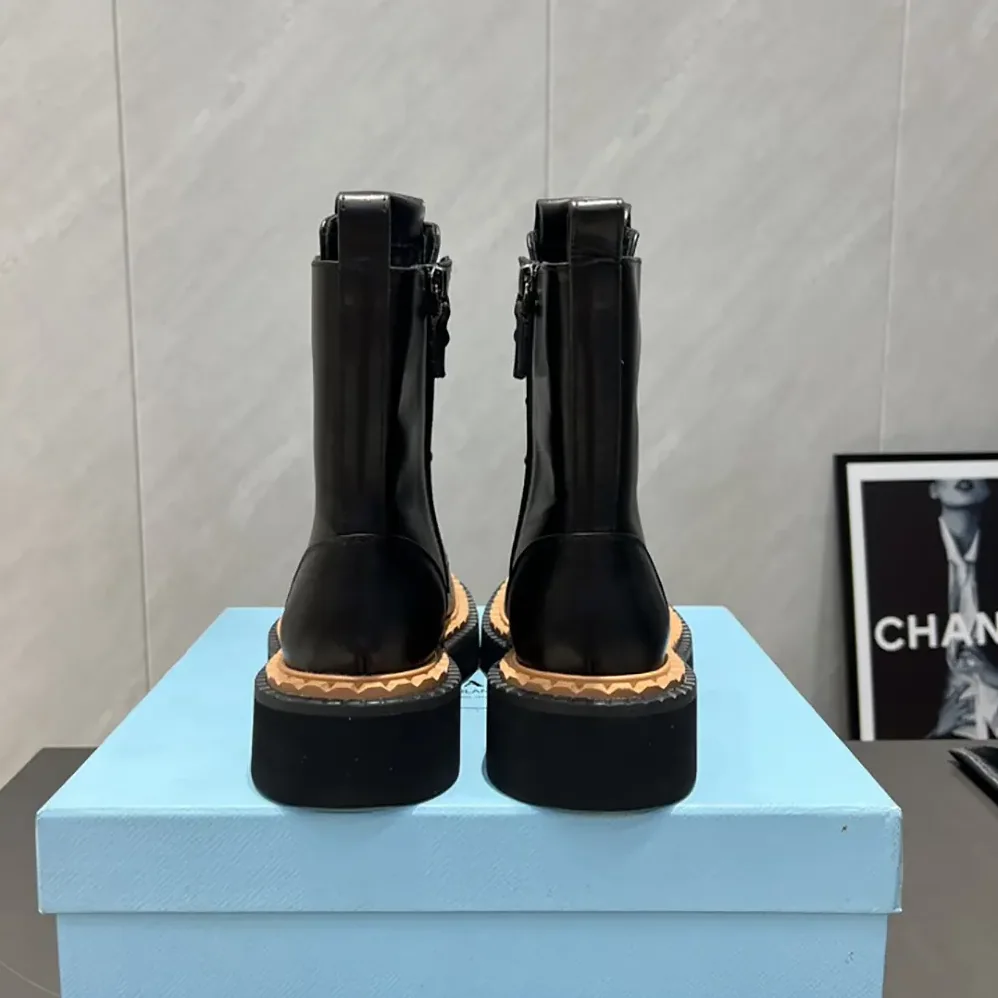 Prada Black Leather Lace-Up zip up Combat Boots for Unisex