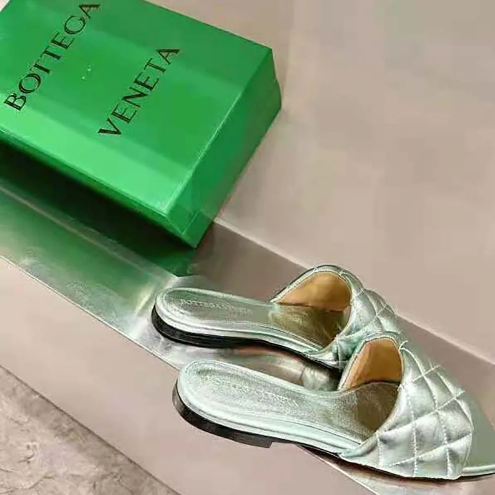 Bottega Veneta Lido Flat Sandal Intreccio Metallised Leather Flat Sandals for Women in Aqua