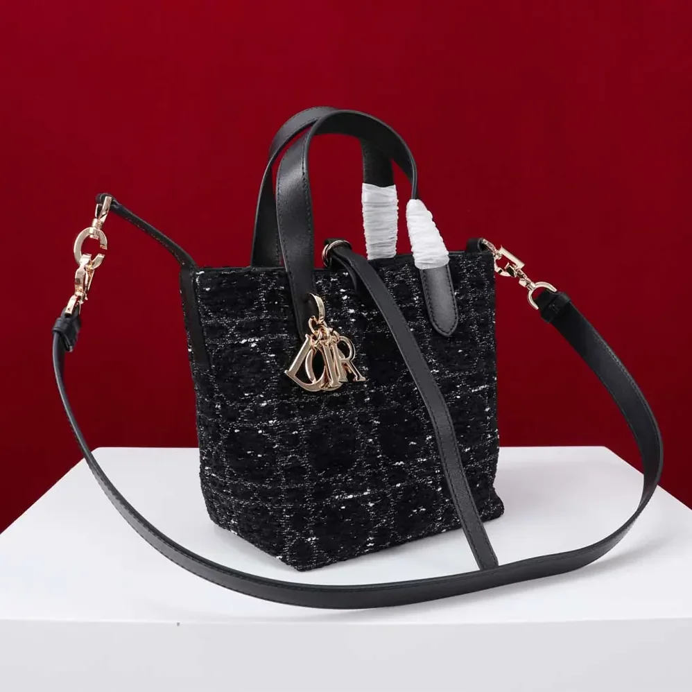 Dior Small Dior Toujours Vertical Tote Bag Black Tweed with White Cannage Motif for Women