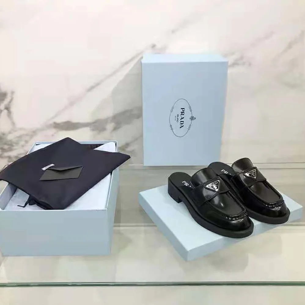 Prada Chocolate Brushed Leather Mules for Women in Black