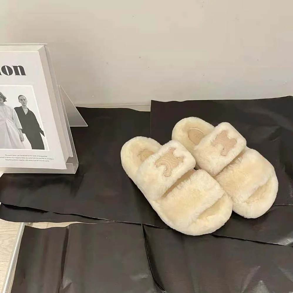 Celine Fur Slides Triomphe Open Slides in Shearling for Women