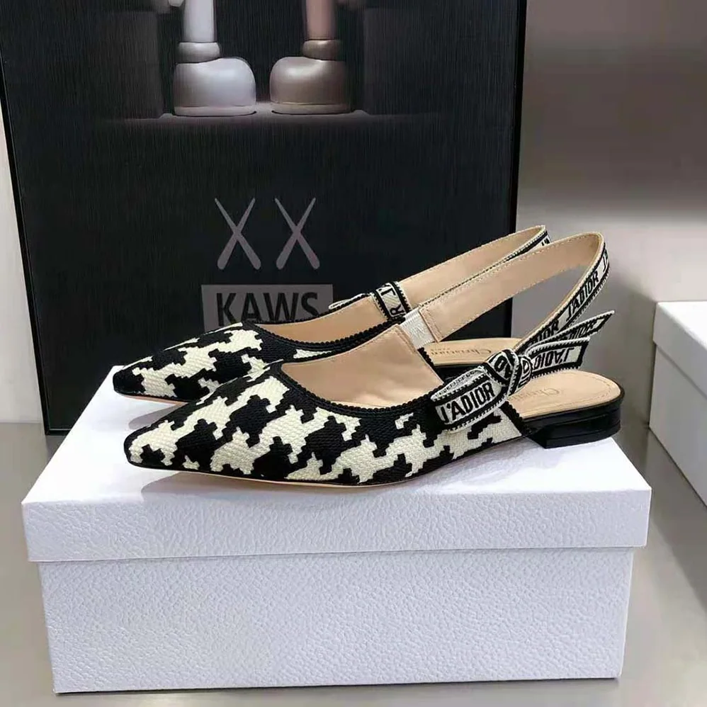 Dior J'Adior Slingback Ballerina Flat Black and White Cotton Embroidery for Women