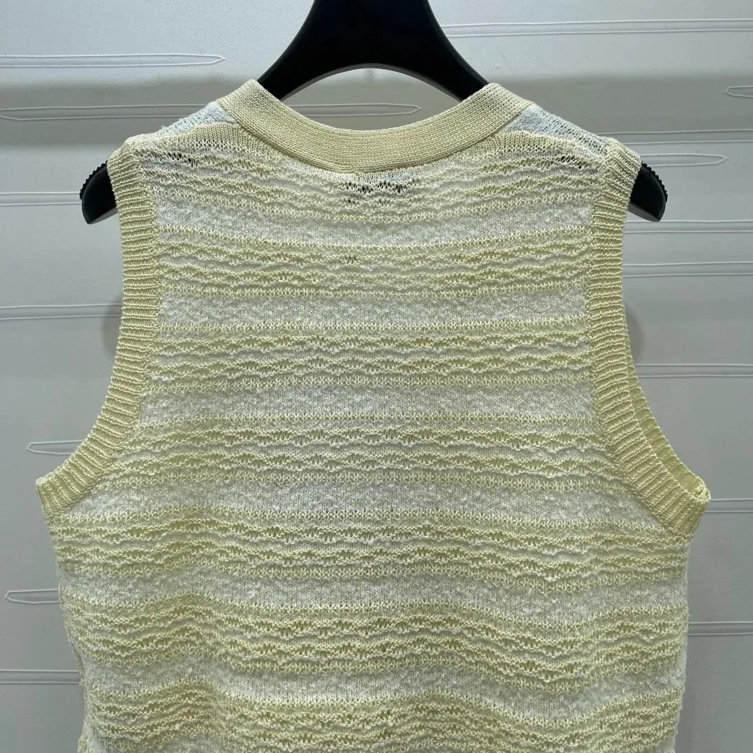 Chanel Striped Pointelle Sleeveless Top With Camellia Buttons Light Yellow