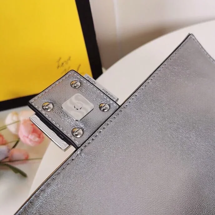 Fendi Baguette Chain Midi Medium Silver Bag For Woman /