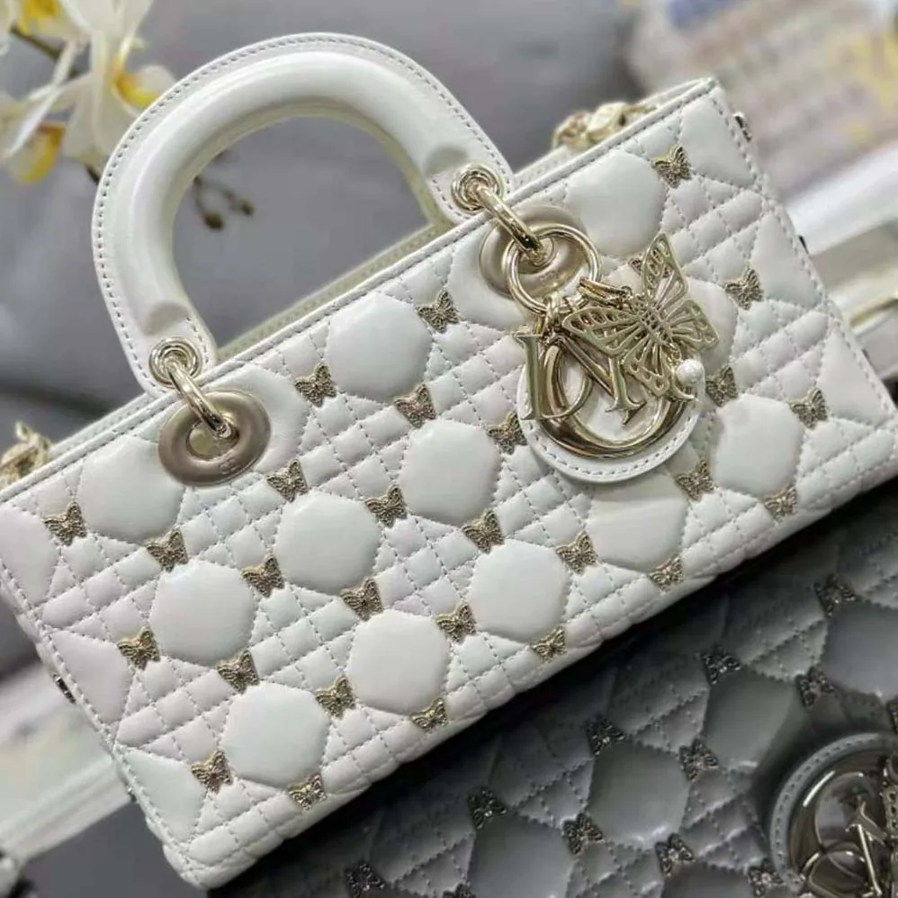 Dior Medium Lady D-joy Bag White Cannage Lambskin with Gold for Women in Finish Butterfly Studs Dior Medium Lady D-joy Bag White Cannage Lambskin with Gold for Women in Finish Butterfly Studs