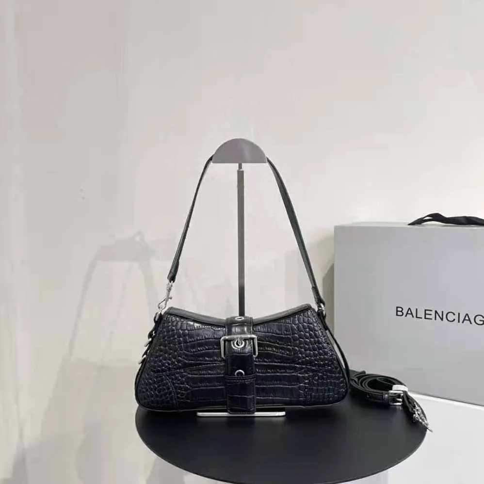 Balenciaga Lindsay Small Shoulder Bag with Strap Crocodile Embossed for Women in Black