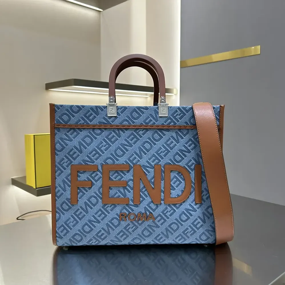 Fendi Sunshine Medium Light Blue Denim Shopper Bag for Women