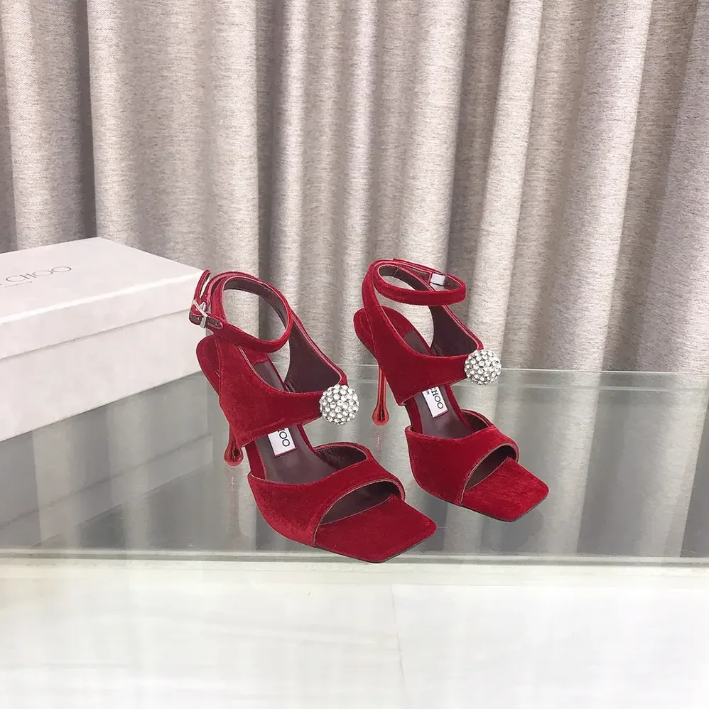 Jimmy Choo Orb 95 Ruby Red Velvet Sandals for Women