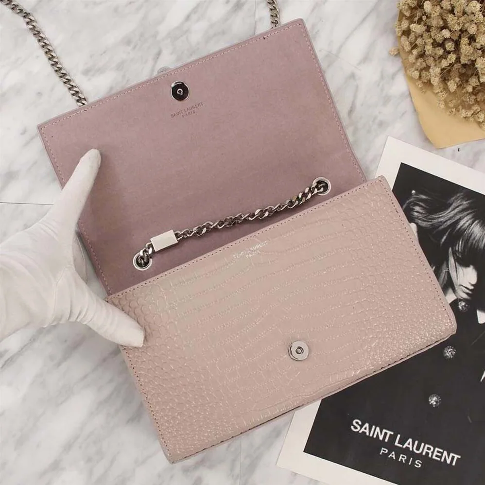 Saint Laurent YSL Kate Small Tassel Embossed Crocodile Shiny Calfskin for Women in Pink
