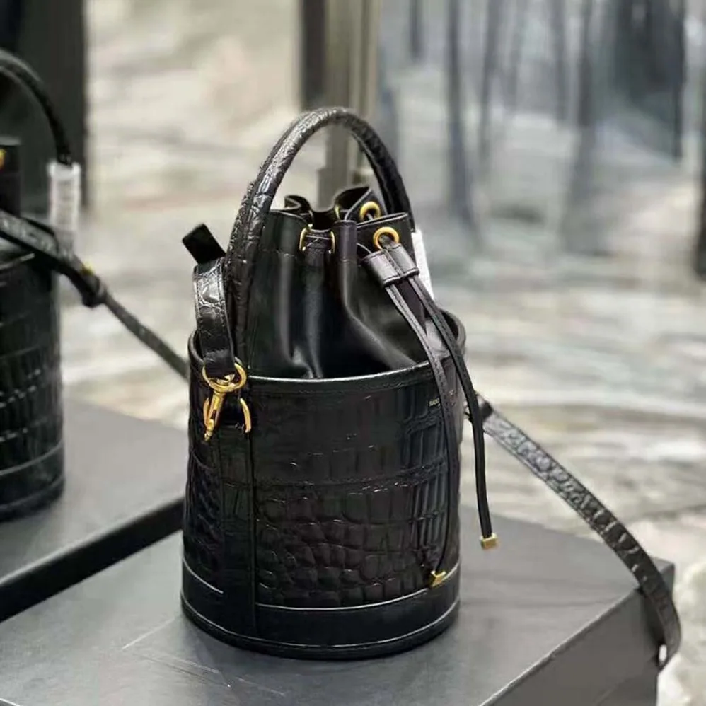 Saint Laurent YSL Bahia Small Bucket Bag in Crocodile for Women in Embossed Lacquered Leather Saint Laurent YSL Bahia Small Bucket Bag in Crocodile for Women in Embossed Lacquered Leather