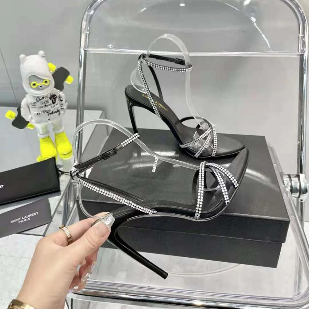 Saint Laurent YSL Ava Sandals in Crepe Satin with Rhinestones for Women