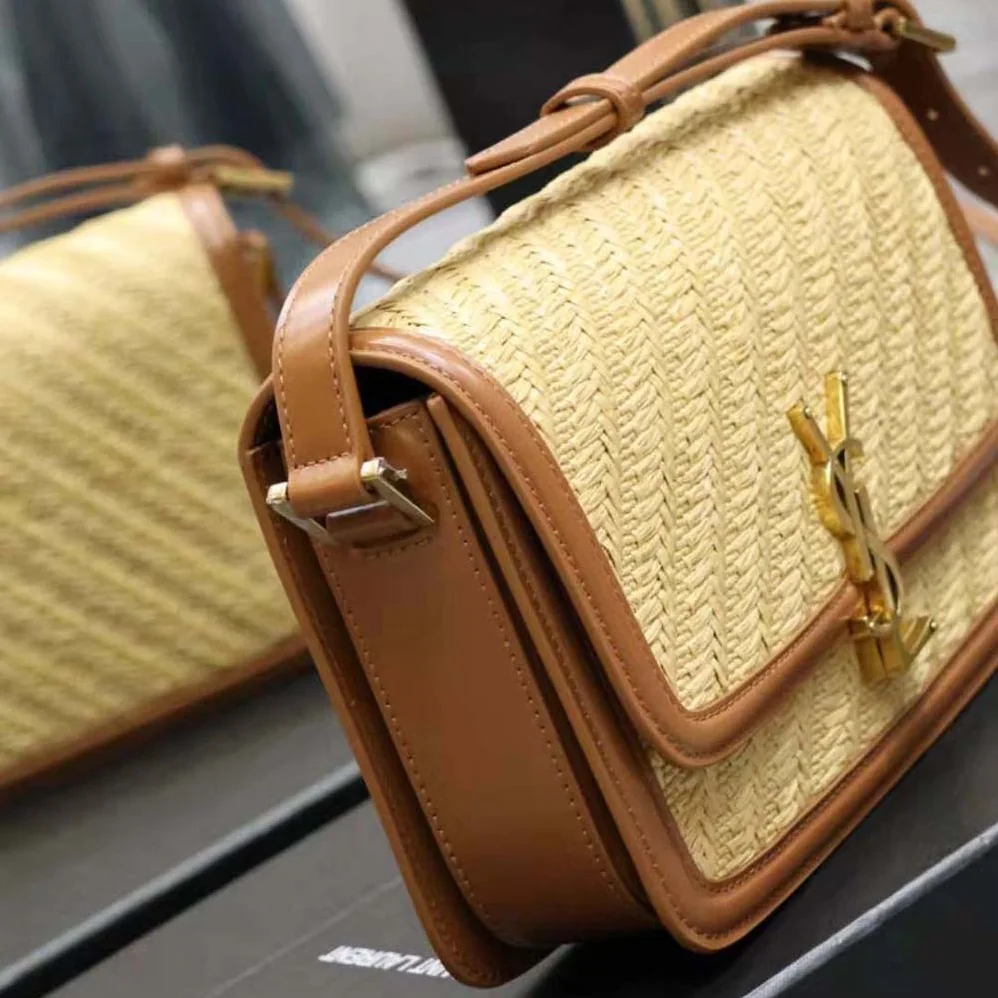 Saint Laurent YSL Solferino Medium Satchel in Raffia and Vegetable for Women in Tanned Leather Saint Laurent YSL Solferino Medium Satchel in Raffia and Vegetable for Women in Tanned Leather