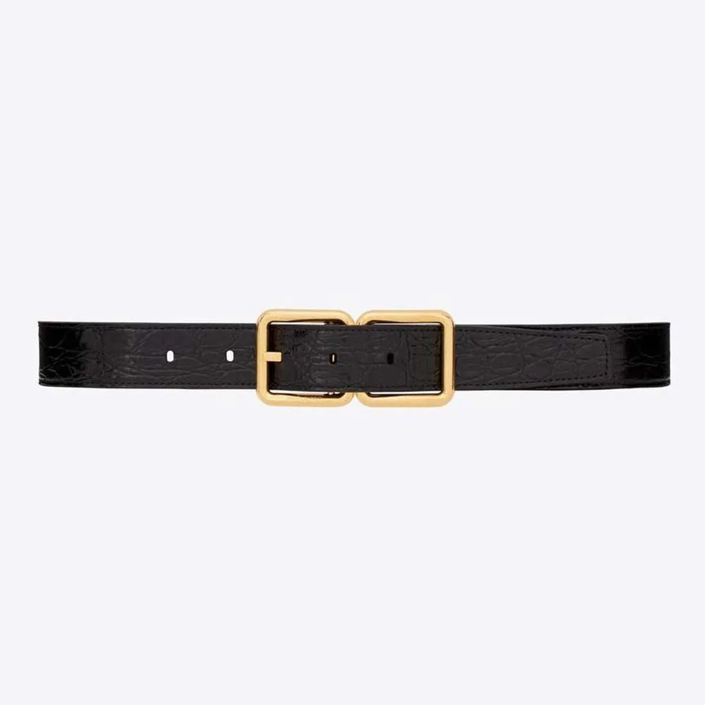 Saint Laurent YSL Double Buckle Belt in Crocodile for Women in embossed Leather
