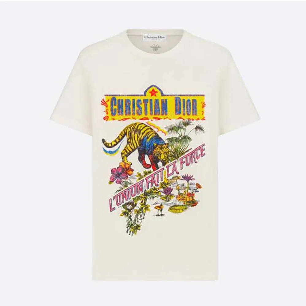 Dior T-shirt White Cotton and Linen Jersey with Multicolor Indian Animals Tiger Motif for Women Dior T-shirt White Cotton and Linen Jersey with Multicolor Indian Animals Tiger Motif for Women