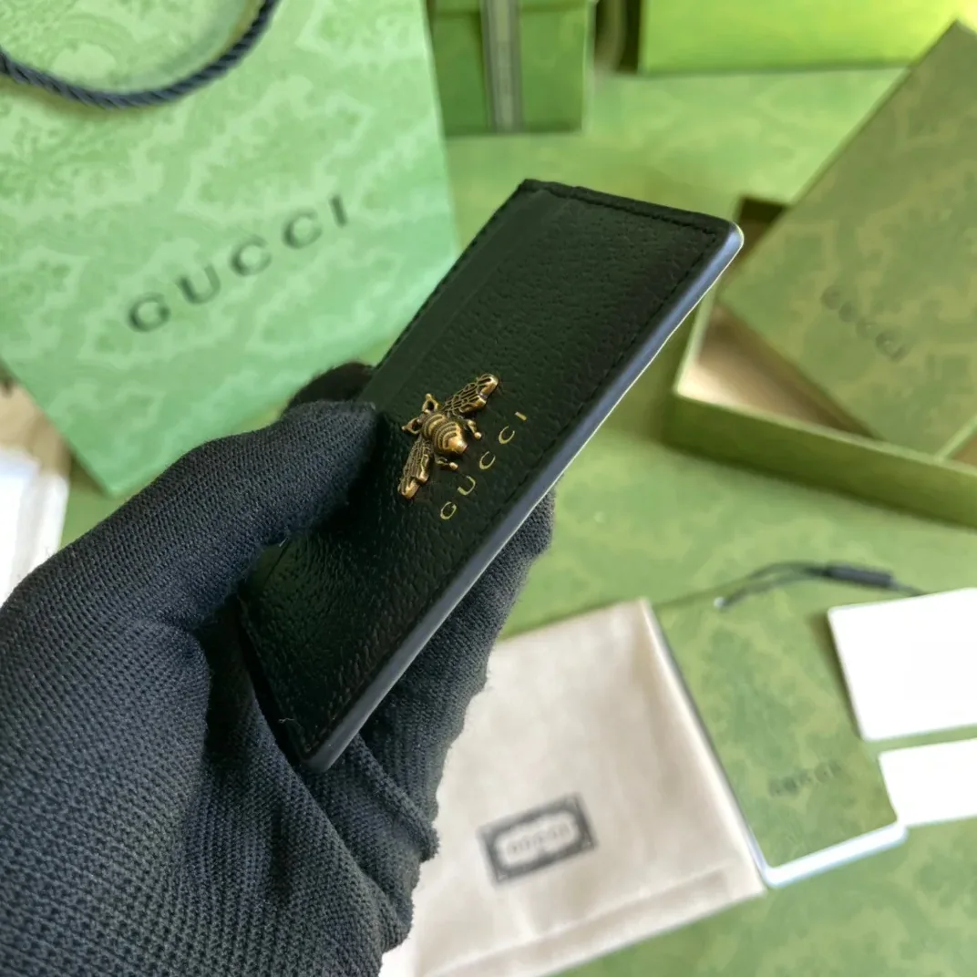 Gucci Animalier Card Case Black with Metal Bee / GG
