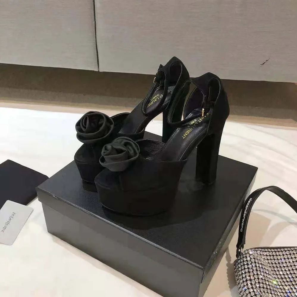 Saint Laurent YSL Jodie Platform Sandals in Suede with Silk Satin Flower for Women in Black Saint Laurent YSL Jodie Platform Sandals in Suede with Silk Satin Flower for Women in Black