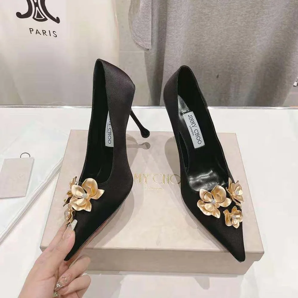 Jimmy Choo Ixia 95 Black Satin Pumps with Flowers-IXIA95BGU for Women