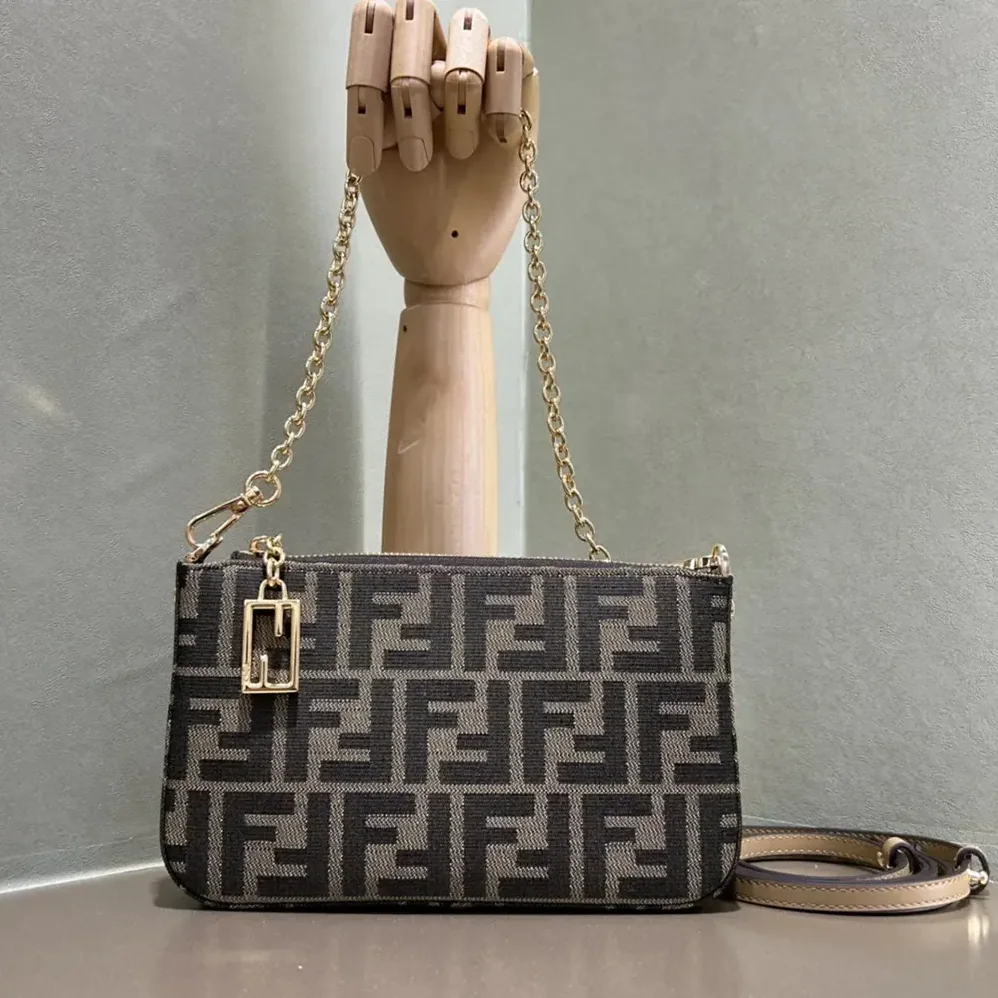 Fendi Baguette Pouch Brown Jacquard FF Fabric Clutch with Chain for Women