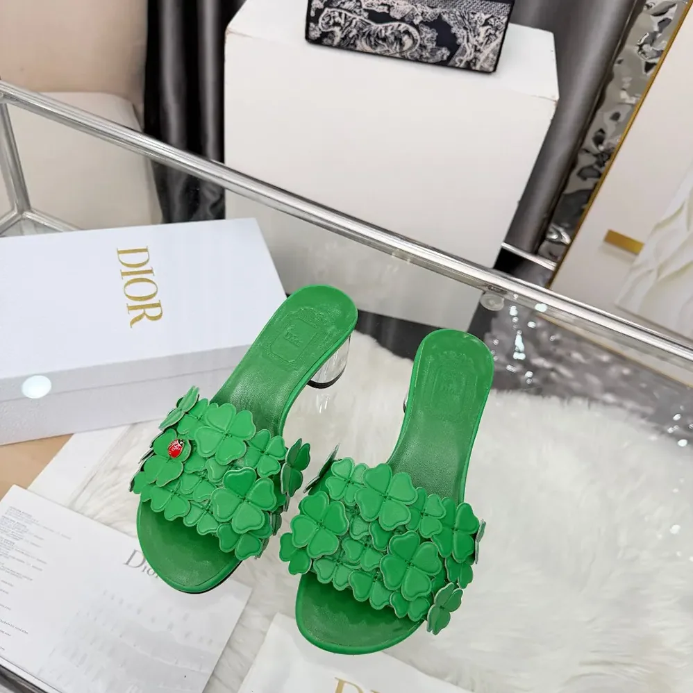 Dior Bloom Heeled Slide Green Dior Clover Embroidered Lambskin for Women Dior Bloom Heeled Slide Green Dior Clover Embroidered Lambskin for Women