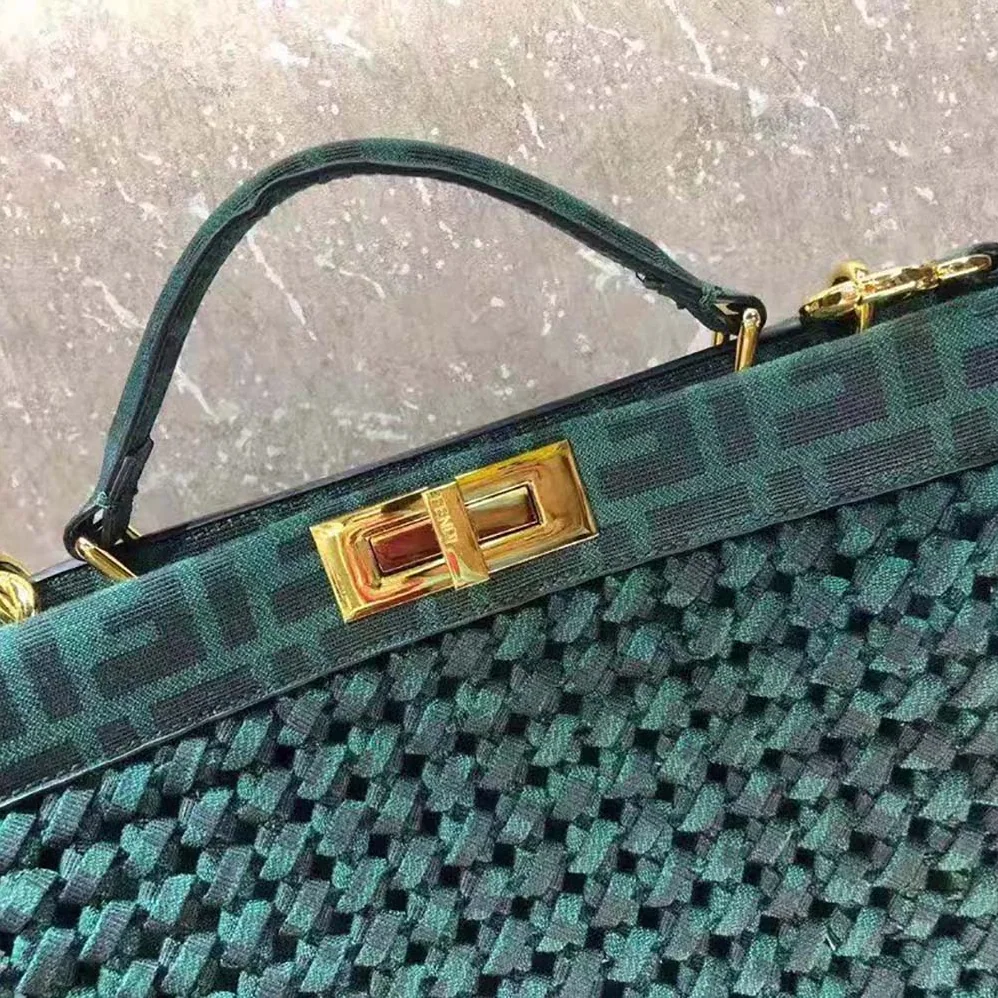 Fendi Peekaboo Iconic Medium Jacquard Fabric Interlace Bag for Women in Dark Green