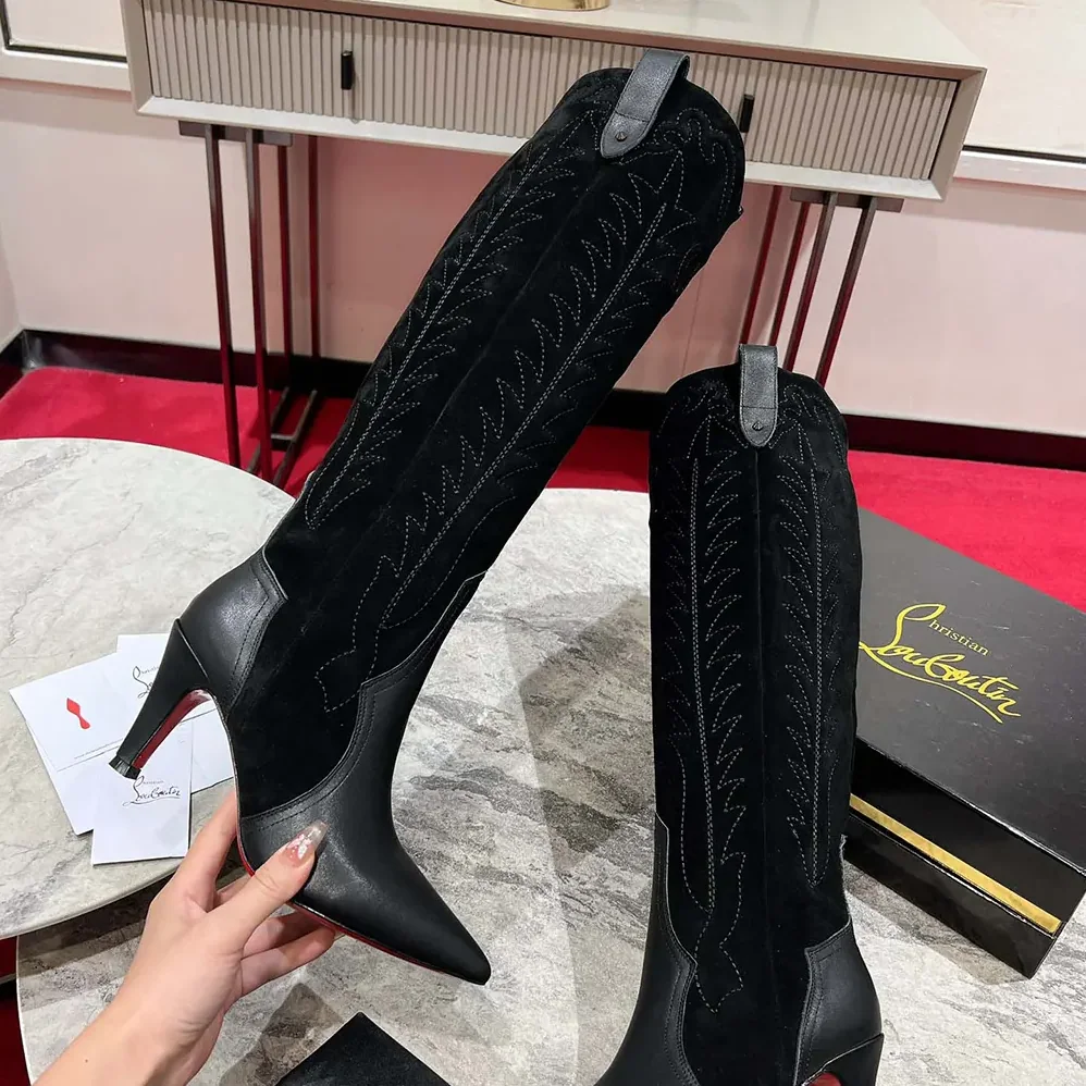 Christian Louboutin Santia Botta 85 mm Boots Calf leather and Veau Velours for Women in Black Christian Louboutin Santia Botta 85 mm Boots Calf leather and Veau Velours for Women in Black
