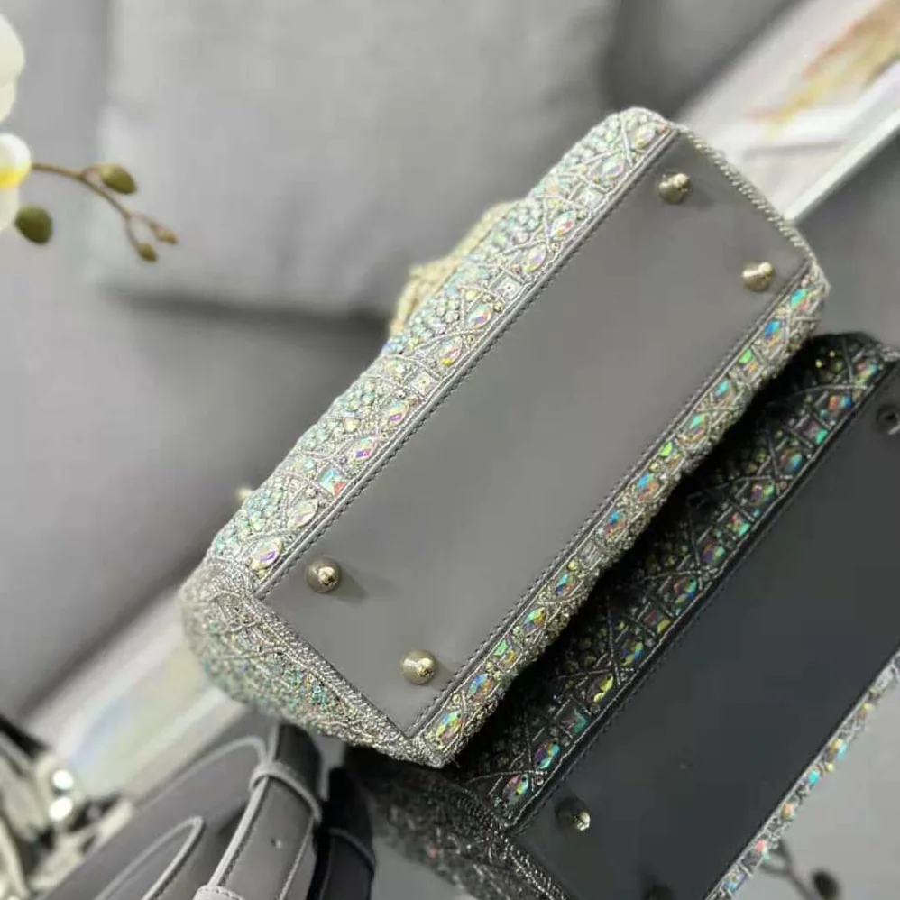 Dior Small Lady Dior Bag Gray Smooth Calfskin and Satin with Bead Embroidery for Women