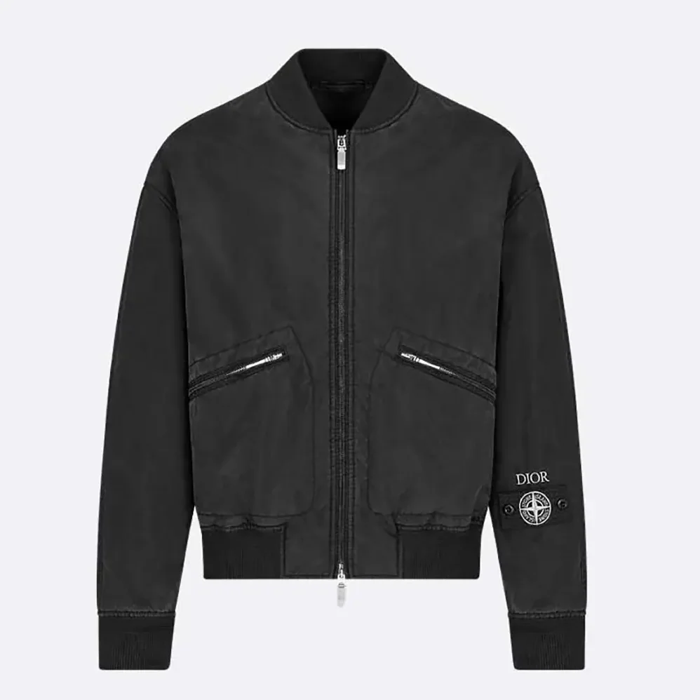 Dior DIOR AND STONE ISLAND Bomber Jacket Black Habotai Silk Blend for Men
