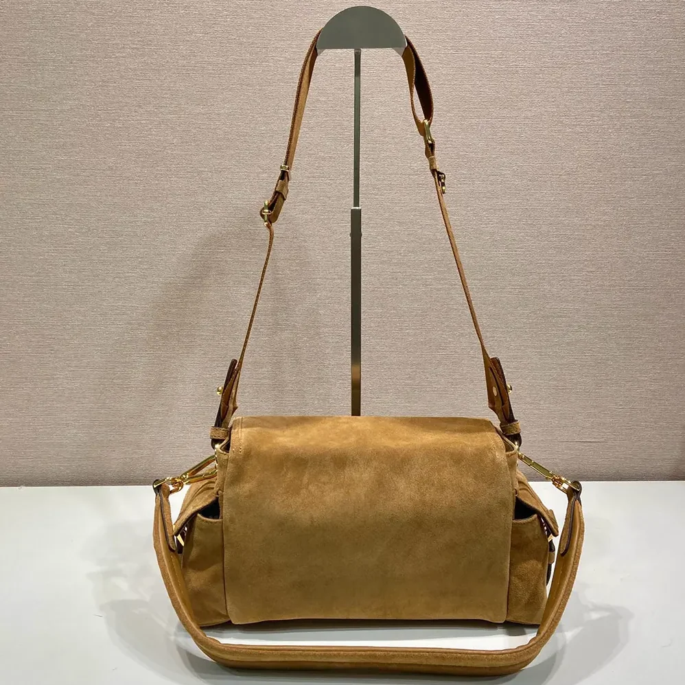 Prada Explore Medium Suede Shoulder Bag With Flap for Women in Brown