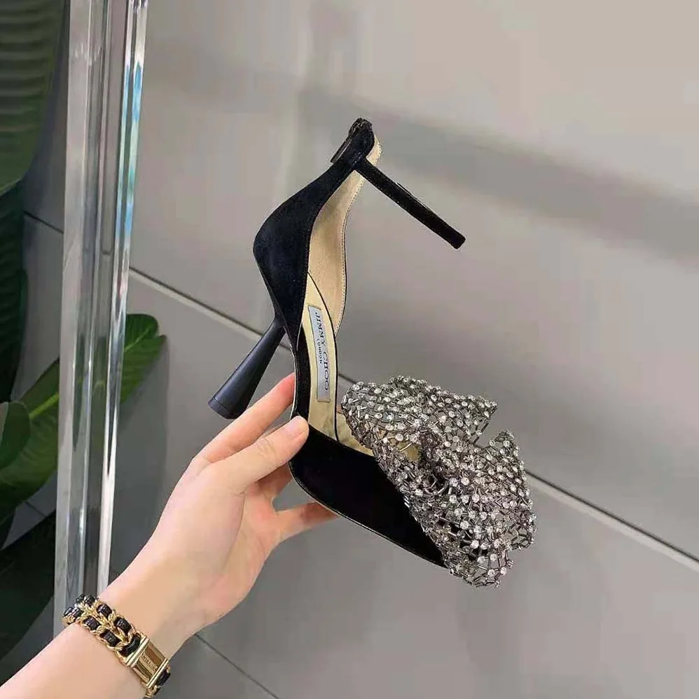 Jimmy Choo Mana 100 Black Suede Sandals with Crystal Bow Clasp for Women Jimmy Choo Mana 100 Black Suede Sandals with Crystal Bow Clasp for Women